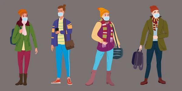 Set jeunes femmes hommes dans des vêtements modernes à la mode d'automne. Dans le masque médical, protection individuelle contre les virus, le smog, la vapeur. Mode casual vêtements de plein air style de rue caractère. Style de dessin animé plat — Image vectorielle