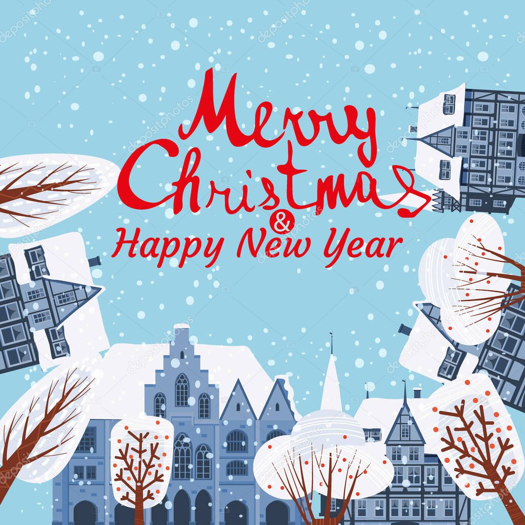 Merry Christmas Greeting Card old city Europe buildings. Lettering Vector poster banner illustration cozy old town