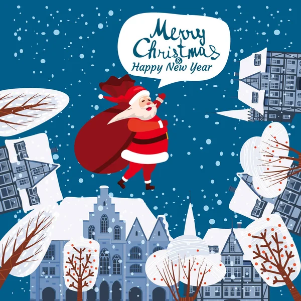 Babbo Natale con una borsa di regali sui tetti delle case augura un Buon Natale e Felice Anno Nuovo. Vecchia architettura europea, lettering, neve, vignetta piatta vettoriale illustrazione — Vettoriale Stock