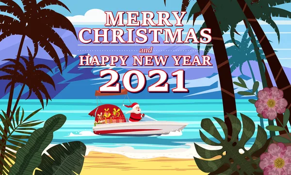 Merry Christmas Santa Claus on speed boat on ocean sea tropical island palms mountains seaside delivering shipping gifts — Stock Vector