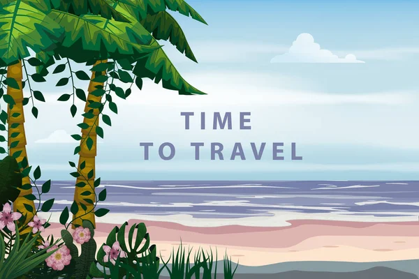 Tiempo para viajar Cartel de vacaciones de verano. Seascape beach palms seachore tropical ocean, vector, illustration banner — Archivo Imágenes Vectoriales