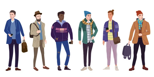 Set Giovani studenti uomo in abiti moderni di tendenza autunno. Moda casual outerwear personaggi di street style. Vettore piatto stile cartone animato isolato illustrazione — Vettoriale Stock