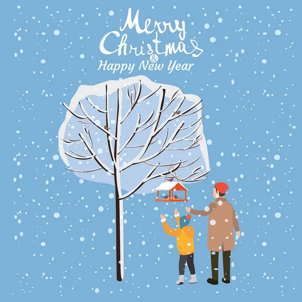 Tarjeta de felicitación Feliz Navidad, Padre e hijo alimentan a los pájaros con árboles de nieve. Letras Vector cartel bandera ilustración — Vector de stock
