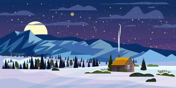 Invierno montañas paisaje de nieve panorama, pinos comido, colinas edificio solitario, campo, noche, luna. Tarjeta de ilustración vectorial, póster, plantilla de banner — Vector de stock