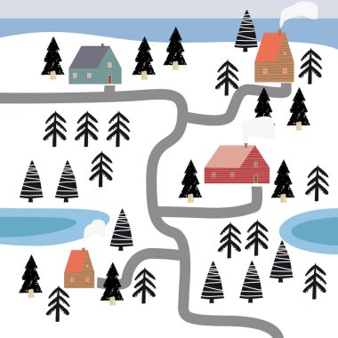 İskandinav manzarası kırmızı evler, deniz, kış, çam ağaçları, ladin, dağlar, tepeler, fiyort. Minimalist İskandinav doğa illüstrasyonu, vektör arkaplan