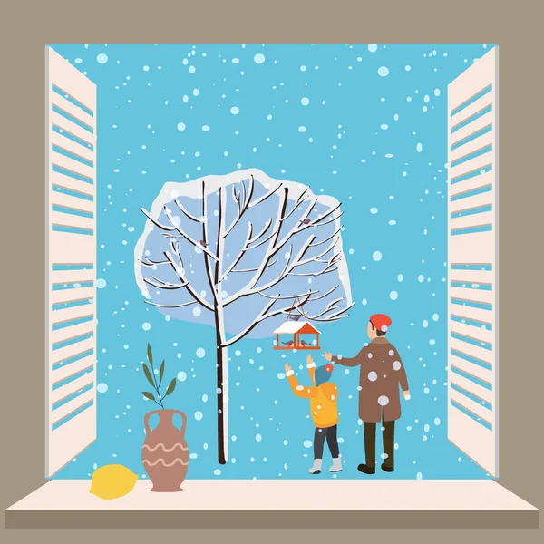 Joyeux Noël fenêtre vue sur l'hiver Père et fils nourrissent les oiseaux arbres à neige. Illustration de bannière d'affiche Lettrage vectoriel — Image vectorielle