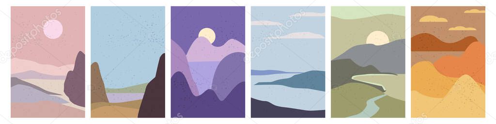 Set Landscapes Abstract Modern Contemporary background sunset sea ocean. Mountains, hills, waves shapes. Vector illustration trendy art flat minimalist style template banner poster decor