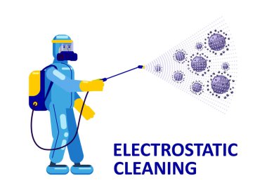 Elektrostatik Dezenfeksiyon Temizleme Servisi. Üniforma giyen ve elektrostatik spreyli ekipman taşıyan bir adam dezenfeksiyon yapar.