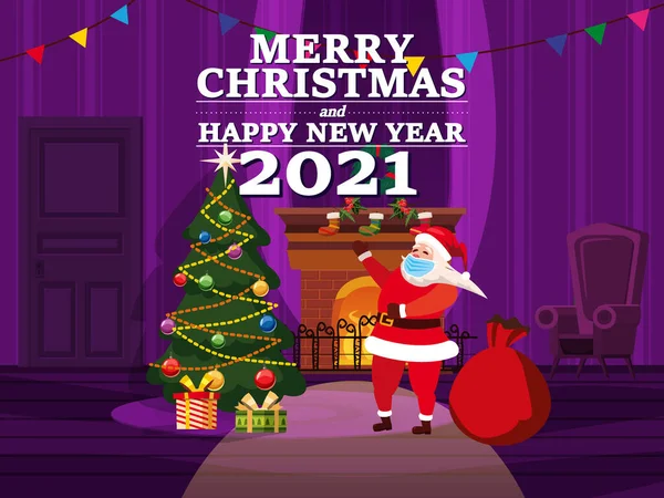 Merry Christmas interior of the living room with a Christmas tree, Santa Claus bring gifts and a fireplace, window, furniture, Xmas wreath, decorations. Vector illustration isolated cartoon style — Stock Vector