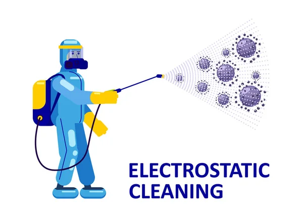 Ηλεκτροστατική απολύμανση Υπηρεσία καθαρισμού. Άνδρας ντυμένος με στολή σε ειδική στολή με εξοπλισμό με ηλεκτροστατικό σπρέι διεξάγει απολύμανση — Διανυσματικό Αρχείο