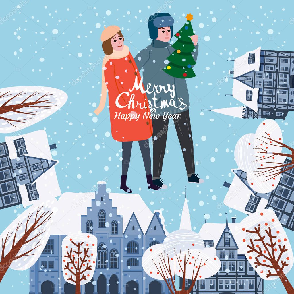 Merry Christmas Greeting Card old city Europe buildings, Couple in Love with christmas tree. Lettering Vector poster banner illustration
