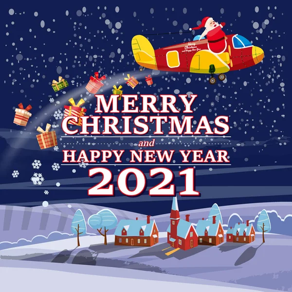 Santa Claus Van s textem Veselé Vánoce a šťastný nový rok 2021 létání v letadle v noci zimní město doručení dárky — Stockový vektor