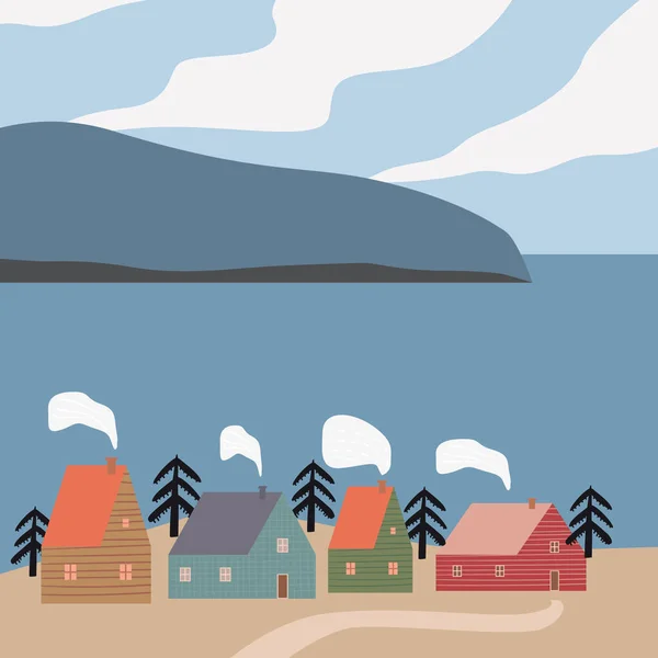 Paysage scandinave maisons rouges, mer, hiver, montagnes, collines, fjord. Illustration minimaliste de la nature nordique, fond vectoriel — Image vectorielle