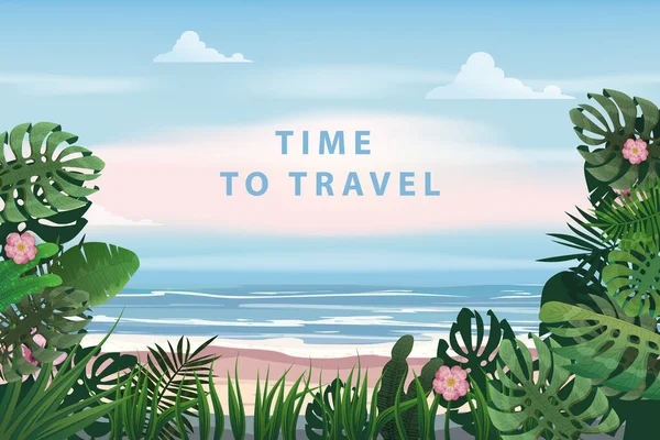 Dags att resa Sommar semester affisch. Havslandskap strand flora kust tropiska havet, vektor, illustration banner — Stock vektor