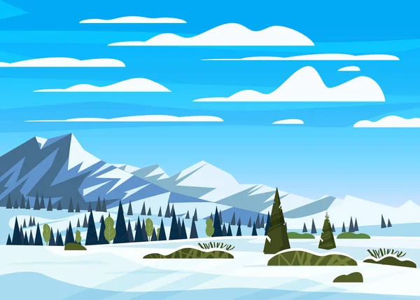 Invierno montañas paisaje de nieve panorama, pinos comieron, colinas edificio solitario, campo. Tarjeta de ilustración vectorial, póster, plantilla de banner — Archivo Imágenes Vectoriales