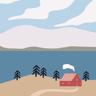 İskandinav manzarası kırmızı ev, deniz, kış, dağlar, tepeler, fiyort, çam ağaçları. Minimalist İskandinav doğa illüstrasyonu, vektör arkaplan