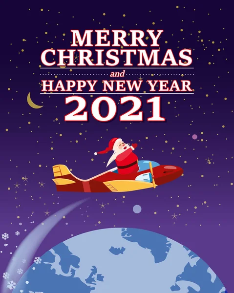 Santa Claus Van s textem Veselé Vánoce a šťastný nový rok 2021 létání v letadle doručení dárky — Stockový vektor