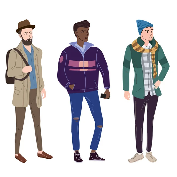 Set Giovani studenti uomo in abiti moderni di tendenza autunno. Moda casual outerwear personaggi di street style. Vettore piatto stile cartone animato isolato illustrazione — Vettoriale Stock