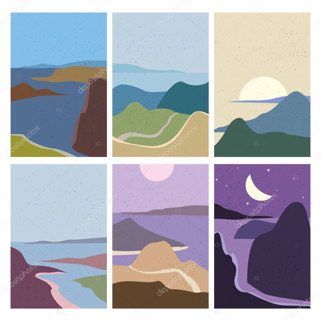 Set Landscapes Abstract Modern Contemporary background sunset sea ocean. Mountains, hills, waves shapes. Vector illustration trendy art flat minimalist style template banner poster decor