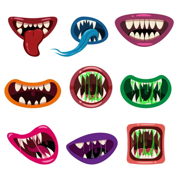 Establecer monstruos bocas espeluznante y aterrador. Divertidas mandíbulas dientes lengua criaturas expresión monstruo horror saliva limo. Vector aislado ilustración estilo de dibujos animados — Archivo Imágenes Vectoriales