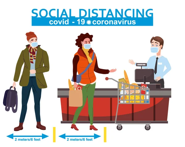 Supermarket social distancing store counter cashier and buyers in medical masks, with cart and basket of food. Quarantine coronavirus 2019-nCoV 2 wave in the store epidemic precautions. Cartoon style — Stock Vector