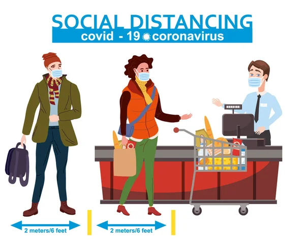 Supermercato sociale distanza negozio cassiere contatore e acquirenti in maschere mediche, con carrello e cesto di cibo. Quarantena coronavirus 2019-nCoV 2 onda nel negozio precauzioni epidemia. Stile cartone animato — Vettoriale Stock