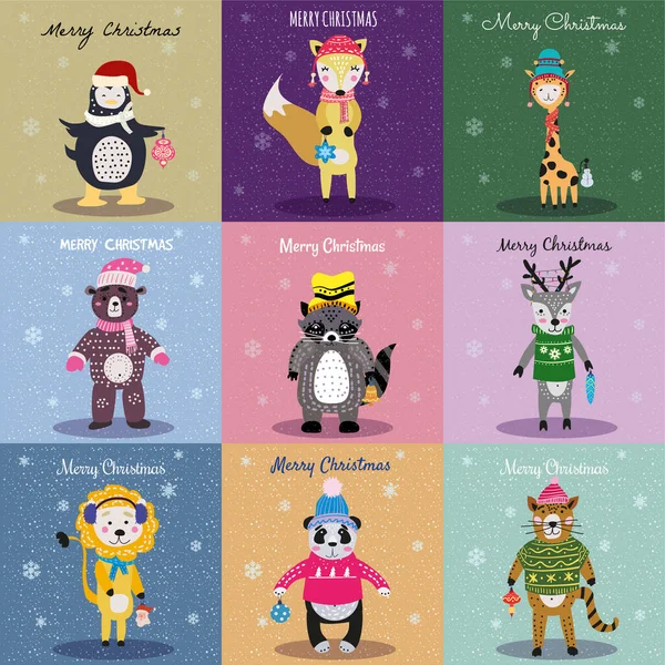 크리스마스 동물 카드 세트귀여운 여우, 곰, 고양이, 사자, 너구리, 사슴, 펭귄, 팬더, 기린. 손으로 그린 소장품 비유 벡터 분리 — 스톡 벡터