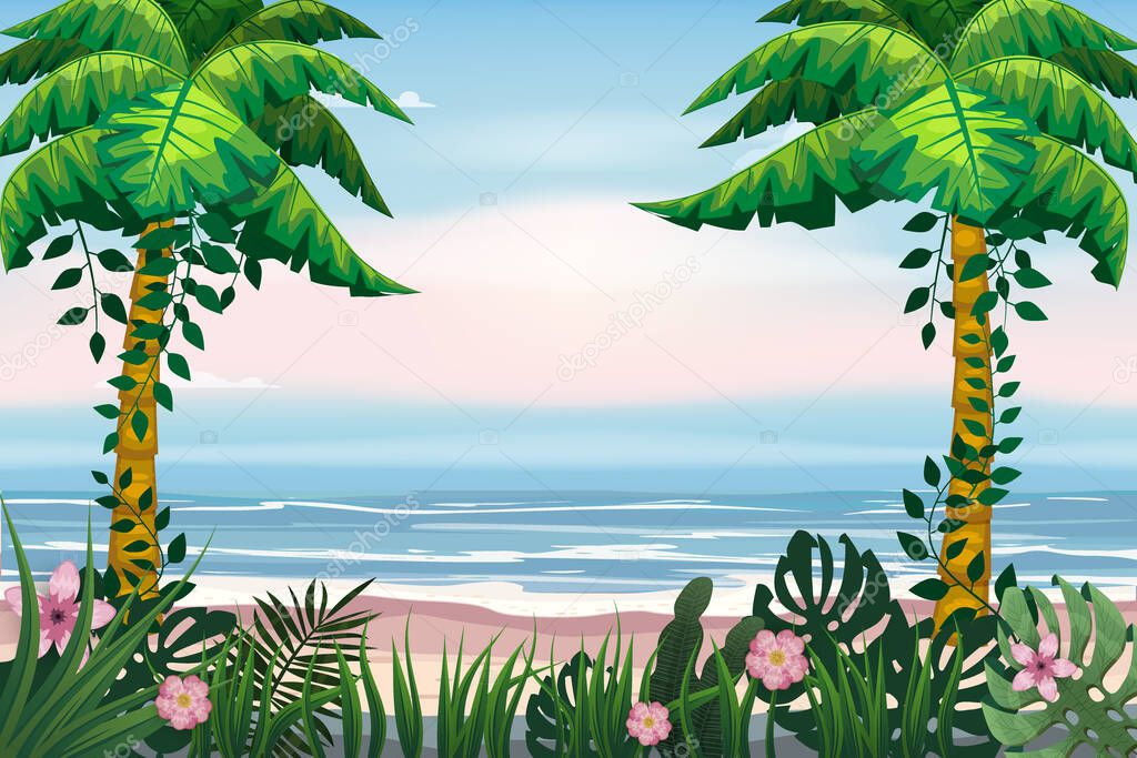 Summer Vacation Poster. Seascape beach palms seachore tropical ocean, vector, illustration banner