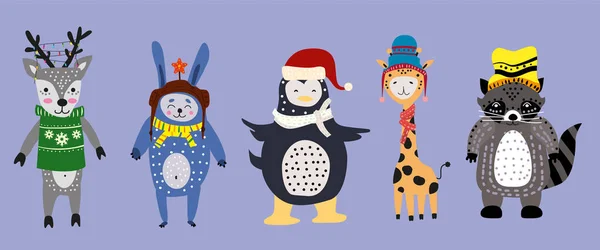 Noël Animaux mis cerf mignon, lapin, pingouin, girafe avec écharpe, chapeau et pull. Personnages de collection dessinés à la main illustration vecteur isolé — Image vectorielle