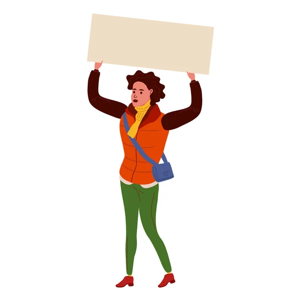 Een protesterende zwarte vrouw met een leeg spandoek. Activist protesteert, politieke vergadering, staking van de mensenrechten. Vectorillustratie geïsoleerd — Stockvector