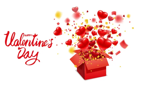 Ανοίξτε κόκκινο κουτί δώρου με ιπτάμενες καρδιές, έκρηξη φύλλο κομφετί έκρηξη. Χαρούμενο κουτί δώρου για την ημέρα του Αγίου Βαλεντίνου. Αφίσα διανυσματικής απεικόνισης, banner, κάρτα, απομονωμένη — Διανυσματικό Αρχείο