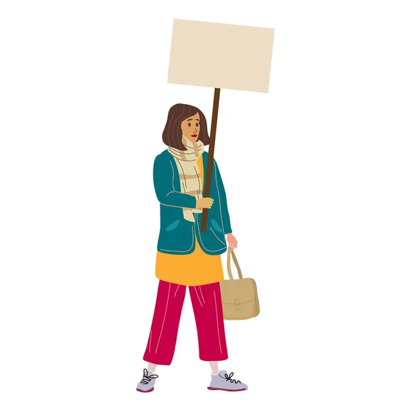 Een protestvrouw met een leeg spandoek. Activist protesteert, politieke vergadering, staking van de mensenrechten. Vectorillustratie geïsoleerd — Stockvector