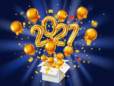 2021 Mutlu Yıllar özgeçmişi. Altın gerçekçi 3D balonlar metalik rakamlar hediye kutusu patlaması simli altın konfetisi. Vektör illüstrasyonu şenlik partisi, poster, bayrak, teşvikleri kutladı