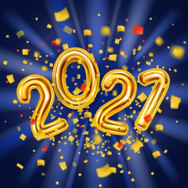2021 Mutlu Yeni Yıl dekorasyonu tatil geçmişi. Altın gerçekçi 3D balonlar metalik sayılar parlayan altın konfetileri patlatıyor. Vektör illüstrasyonu şenlik partisi, poster ve afişi kutladı