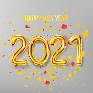 2021 Mutlu Yeni Yıl dekorasyonu tatil geçmişi. Altın gerçekçi 3D balonlar metalik sayılar parlayan altın konfetileri patlatıyor. Vektör illüstrasyonu şenlik partisi, poster ve afişi kutladı