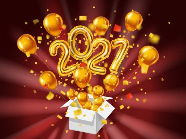 2021 Mutlu Yıllar özgeçmişi. Altın gerçekçi 3D balonlar metalik rakamlar hediye kutusu patlaması simli altın konfetisi. Vektör illüstrasyonu şenlik partisi, poster, bayrak, teşvikleri kutladı