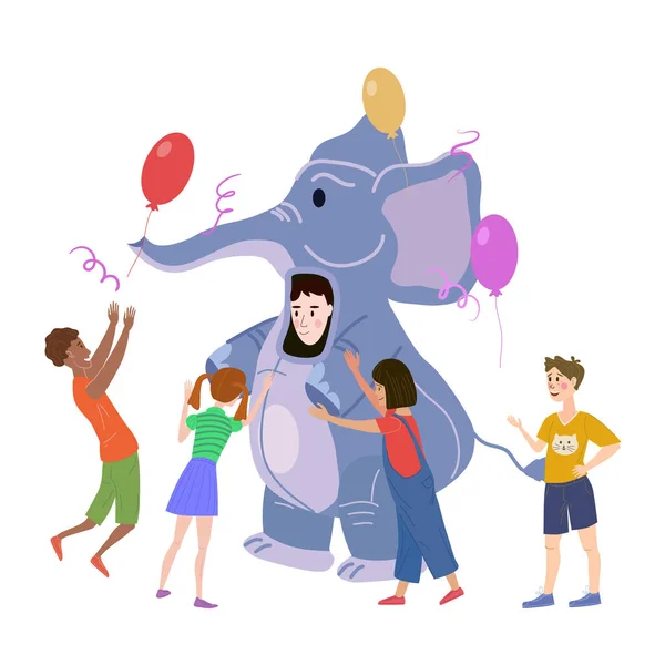 Férias festa ator artista vestindo em traje Elefante, brincar com as crianças. Desempenho Birhday Carnaval Party, crianças de grupo com animador adulto. Desenho animado vetorial ilustração estilo plano isolado — Vetor de Stock