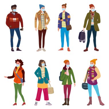 Genç kadınlara modern sonbahar modası kıyafetleri giydirin. Tıbbi maskede, virüslere karşı bireysel koruma, duman, buhar. Moda modasına uygun sokak tarzı bir karakter. Düz çizgi film biçimi