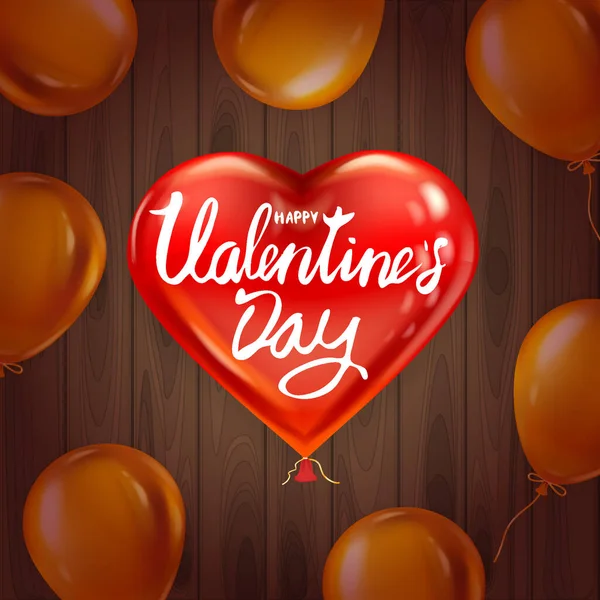 Happy Valentines Dag rode hartvorm glanzende ballon realistisch, belettering, achtergrond houten tafel gouden luchtballonnen, wenskaart. Vector banner poster flyer geïsoleerd — Stockvector