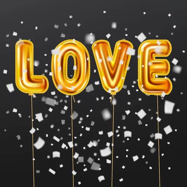 Liebe gold helium metallic glänzende ballons realistischen text, platzen folie konfetti. Hintergrunddesign Happy Valentines Day, Party, Dekoration, Grußkarte. Vektorbanner-Flyer isoliert — Stockvektor