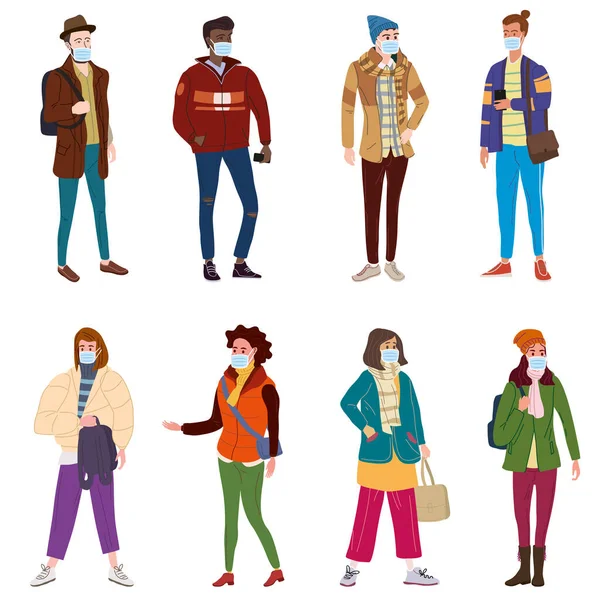 Set jeunes femmes hommes dans des vêtements modernes à la mode d'automne. Dans le masque médical, protection individuelle contre les virus, le smog, la vapeur. Mode casual vêtements de plein air style de rue caractère. Style de dessin animé plat — Image vectorielle