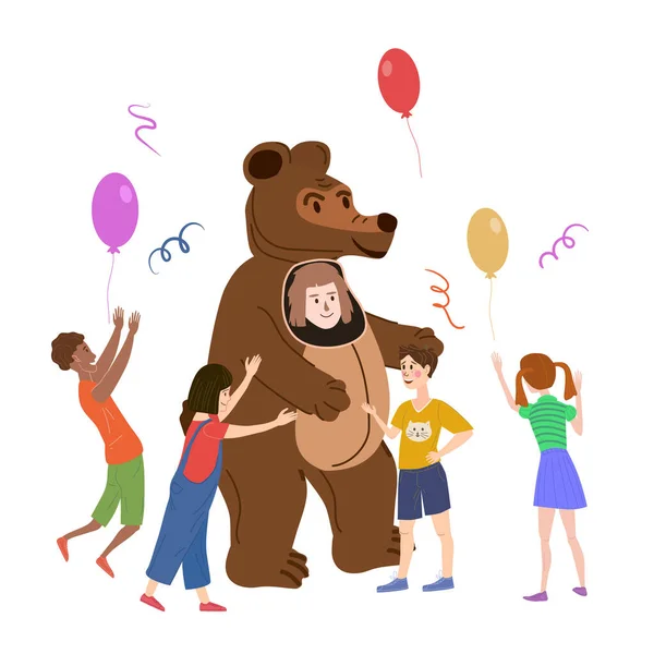 Świąteczny aktor w kostiumie Niedźwiedzia, bawi się z dziećmi. Performance Birhday Carnaval Party, grupa dzieci z dorosłym animatorem. Wektor kreskówka płaski styl ilustracja izolowane — Wektor stockowy