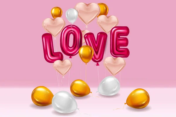 Love red helium metallic glossy balloons realistic text, inerior, heart shape flying pink balloons, party, decoration, greeting card. Vector banner flyer isolated — Stockvektor