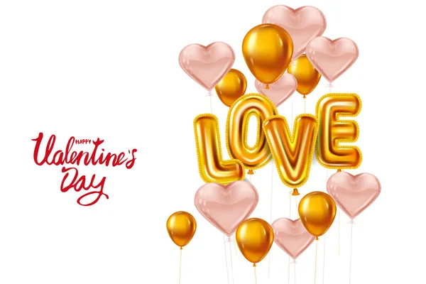 Gelukkige Valentijnsdag, Liefde goud helium metallic glanzende ballonnen realistische tekst, belettering, hartvorm vliegen roze ballonnen, partij, decoratie, wenskaart. Vector banner flyer geïsoleerd — Stockvector