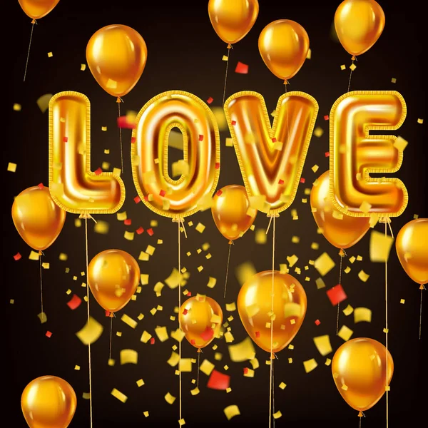 Liebe gold helium metallic glänzende ballons realistischen text, platzen folie konfetti ballons. Hintergrunddesign Happy Valentines Day, Party, Dekoration, Grußkarte. Vektorbanner-Flyer isoliert — Stockvektor