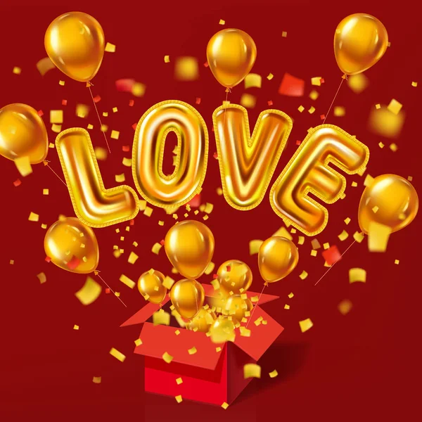 Open red gift box, Love gold helium metallic glossy balloons realistic, burst foil confetti. Background design happy Valentines Day, party, decoration, greeting card. Vector banner flyer isolated — Stockvektor