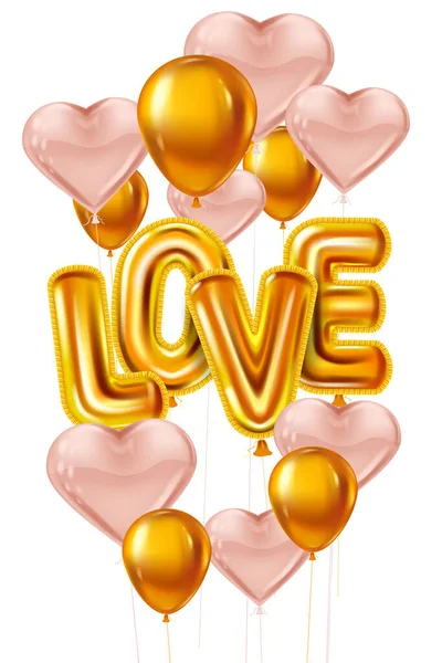 Happy Valentines Day, Liebe Gold Helium metallic glänzende Luftballons realistischen Text, Herzform fliegen rosa Luftballons, Party, Dekoration, Grußkarte. Vektorbanner-Flyer isoliert — Stockvektor