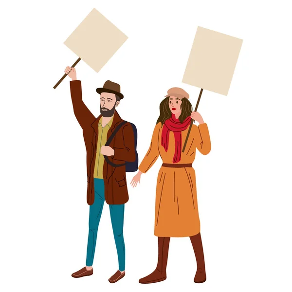 Pareja Manifestantes hombre y mujer con pancartas vacías. Activistas protestando, reunión política, huelga de derechos humanos. Ilustración vectorial aislada — Vector de stock