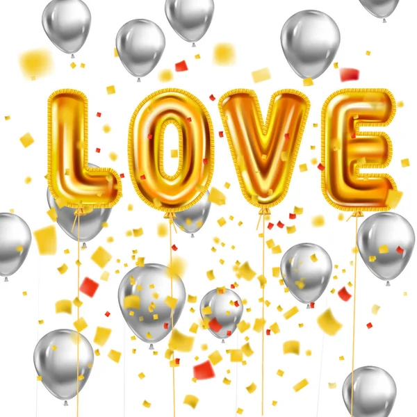 Houden van goud helium metallic glanzende ballonnen realistische tekst, barstte folie confetti ballonnen. Achtergrond ontwerp gelukkig Valentijnsdag, feest, decoratie, wenskaart. Vector banner flyer geïsoleerd — Stockvector