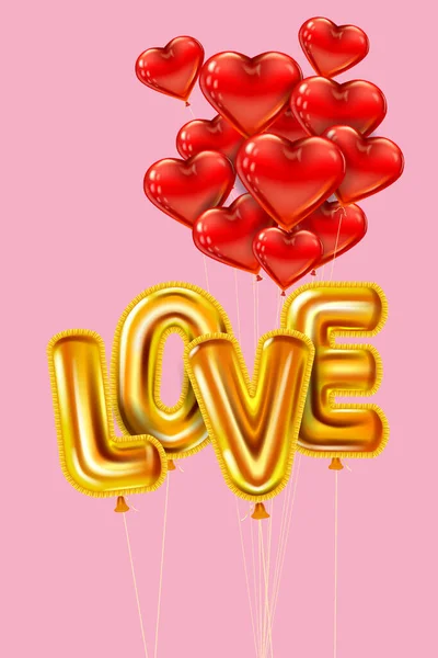 Liebe gold helium metallic glänzend ballons realistischen text. Ein Bündel herzförmiger fliegender roter Luftballons, fröhlicher Valentinstag, Party, Dekoration, Grußkarte. Vektorbanner-Flyer isoliert — Stockvektor